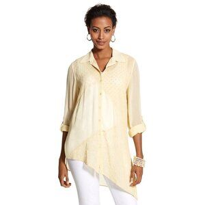 Chico's Shirt Women 2X Yellow Embroidered Mix Maya Asymmetric Button Down Flowy‎